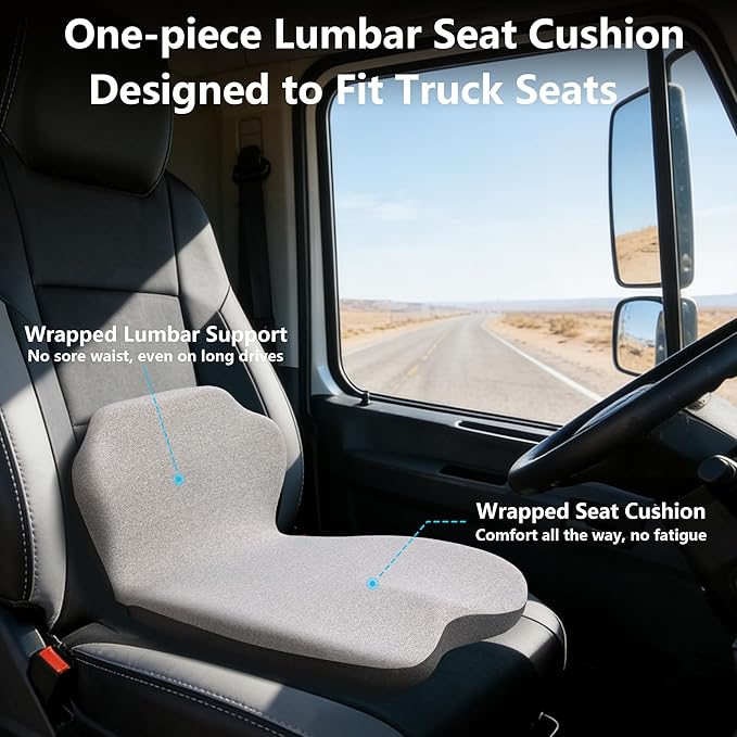 Memory Foam Truck Seat Cushion & Lumbar Support Set – Ergonomic U-Shape Tailbone Relief + L-Shape Back Cushion for Long-Haul Semi/Pickup Drivers Breathathable Cover Non-Slip Bottom Light Gray