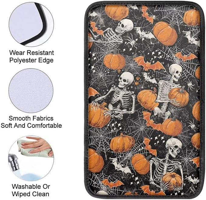 Halloween Pumpkin Skull Car Armrest Pads Car Armrest Cushion Arm Rest Covering Car Middle Console Covers Non Slip for Truck Auto SUV Car Accessories