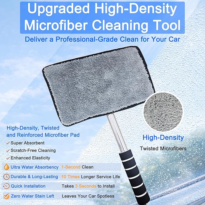 7Pcs Car Windshield Cleaner Tool Kit with Extendable Handle & 4 Upgraded High-Density Reusable Microfiber Pads, Velcro Microfiber Pads for Fast Stick & Peel for Cars, SUVs, Trucks & Home Windows