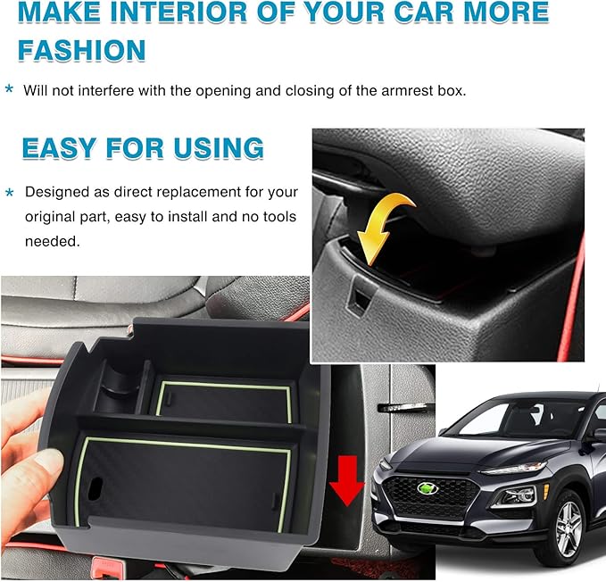 Autorder Center Console Organizer for Hyundai Kona 2018-2021 2022 2023 Accessories Armrest Storage Box Secondary Insert Tray with 3 Color Mats (Not for Kona EV)