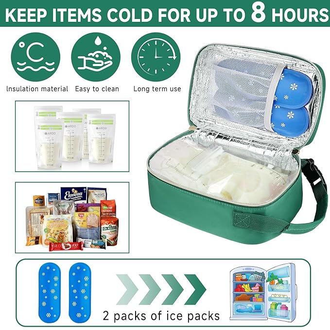 Breastmilk Cooler Travel Bag with Ice Pack,Portable Breastmilk Cooler Bag with Buckle Handle,Insulated Breastmilk Storage Bag Cooler,Green