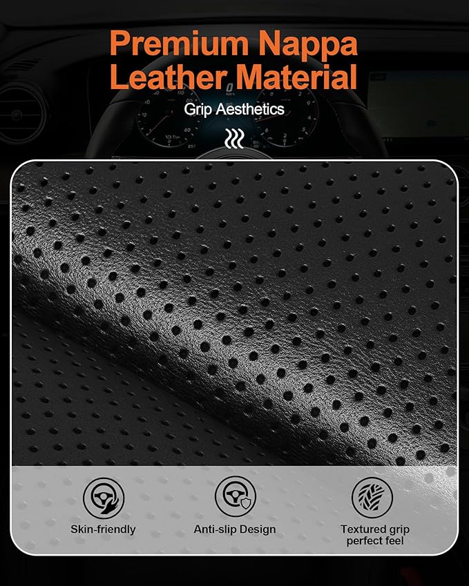 West Llama Nappa Leather Steering Wheel Cover for Car,Thin Steering Wheel Wrap Universal 14.5-15 Inch,Fit Cars,SUVs,Trucks(Black-O-Shaped)