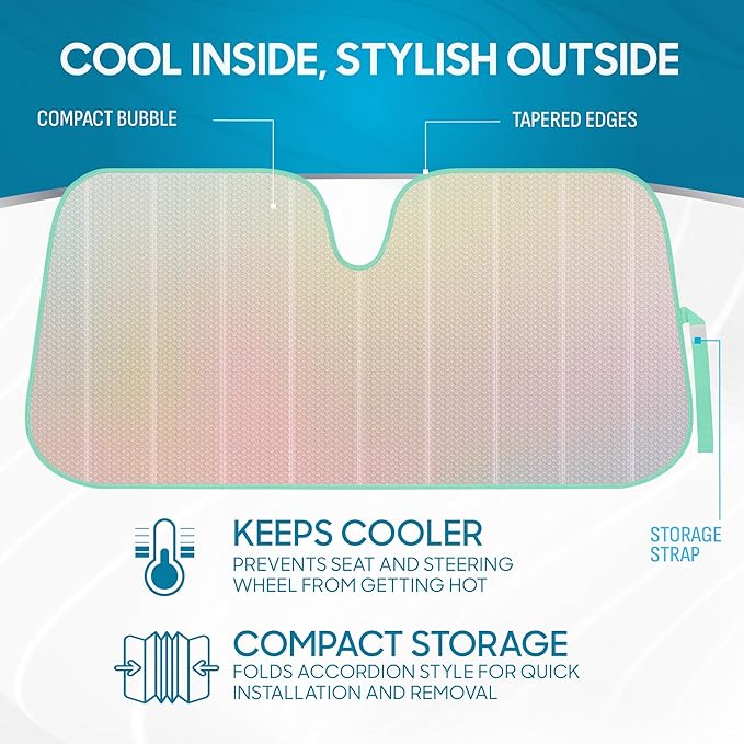 Iridescent Matte White Front Windshield Sunshade-Accordion Folding Auto Shade for Car Truck SUV-Blocks UV Rays Sun Visor Protector-Keeps Your Vehicle Cool- 58 x 27 in