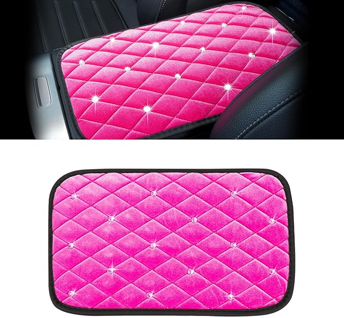 Bling Car Center Console Cover, Soft Fluffy Armrest Seat Box Cushion Pad, Crystal Diamond Arm Rest Protection Mat, Automotive Interior Decoration Accessories for Most Vehicles (Pink)