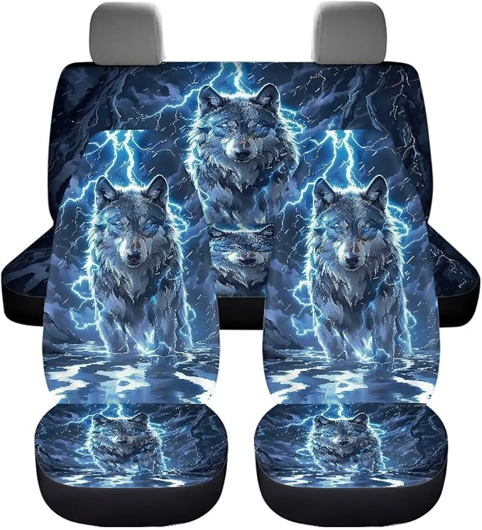 KEIAHUAN Lightning Wolf Car Seat Covers Front Back Auto Front Bucket Seat Covers Rear Split Bench Seat Cushion Pads Vehicle Seat Covers Fit Most Vehicle Truck,SUV