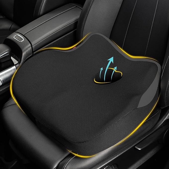 Car Seat Cushion: Ergonomic Memory Foam Car Cushion for Sciatica Pain Relief, Larger Driving Seat Pillow for Short Drivers on Long Drives - Butt Pillow for Truck, Office, Wheelchair - Dark Black