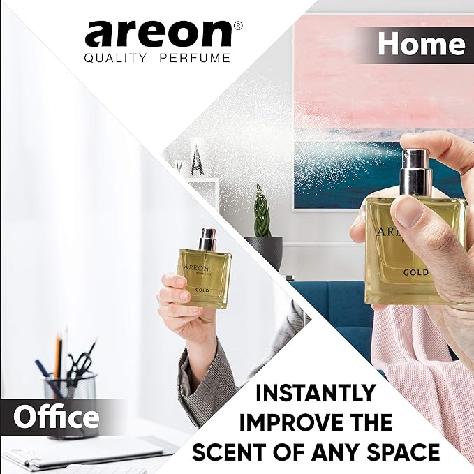 AREON Car Perfume Gold - Air Freshener in Glass Bottle - Luxury Odor Eliminator Spray with Absorber Hanging Pad - Unique Fragrance & Long-Lasting Aroma for Vehicle, Office, Home - Made in Europe, 50ml