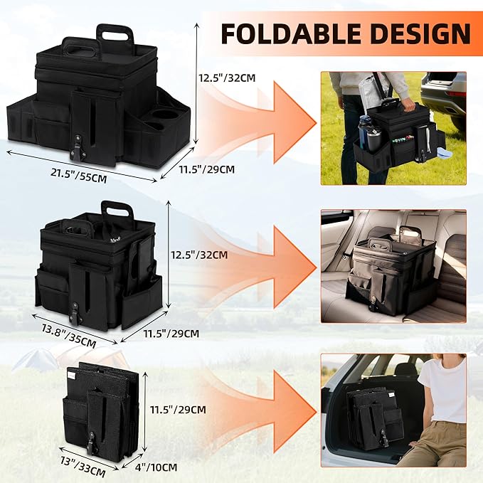 LUVHOMEE Car Organizers and Storage for Backseat & Front Seat - Collapsible Car Caddy w/Headrest Strap, Leakproof Cooler, Lid & Cup Holders | Fits Passenger Seat, Easy-Access Travel Snacks & Drinks