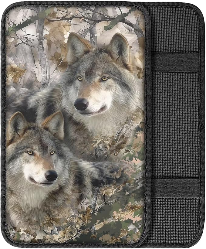 Wolf Print Car Center Console Armrest Cover Camo Hunting Print Armrest Box Cover Center Console Pad Neoprene Car Decor Accessories for Women Men, Easy to Install