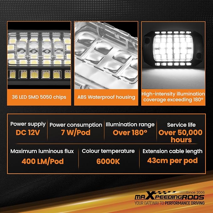 maXpeedingrods 12 Pods White Rock Lights 400LM 6000K, High Bright 432 SMD 5050 Chips with 43cm Wires, LED Underglow with Waterproof 3D Lens for Off-raod Truck Golf Cart Car Boat Motorcycle