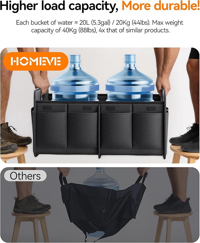 Homeve Trunk Organizer, Car Storage, Reinforced Handles, Collapsible Multi-Compartment, Foldable, Waterproof, Sturdy, 600D Oxford Polyester For Car, SUV, Mini-Van, Black, 2 Compart