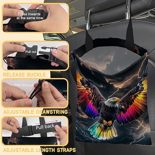 Colorful Bald Eagle Car Trash Bag,Lightning Sky Strap Drawstring Car Garbage Bags,Car Back Seat Organizer with Adjustable Buckle for Car Accessories