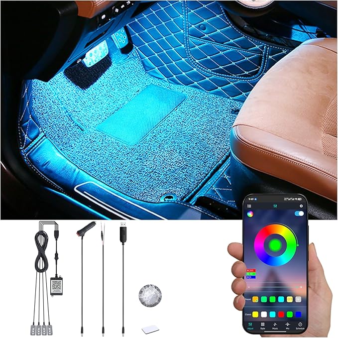 Car Footwell Atmosphere Light Kit RGB Multicolor Sound Active Music Sync Memory Function Bluetooth APP Control 64 Colors USB Car Interior Ambient Lighting Kit DC 12V