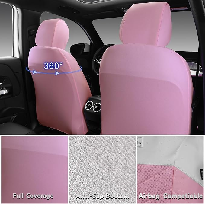 CAR PASS Nappa Leather Waterproof Car Seat Covers Two Front, 3D Foam Comfortable Automotive Seat Covers with Rhombic Design, Airbag Compatible Universal Fit for Most SUV Truck Sedan, Pink White
