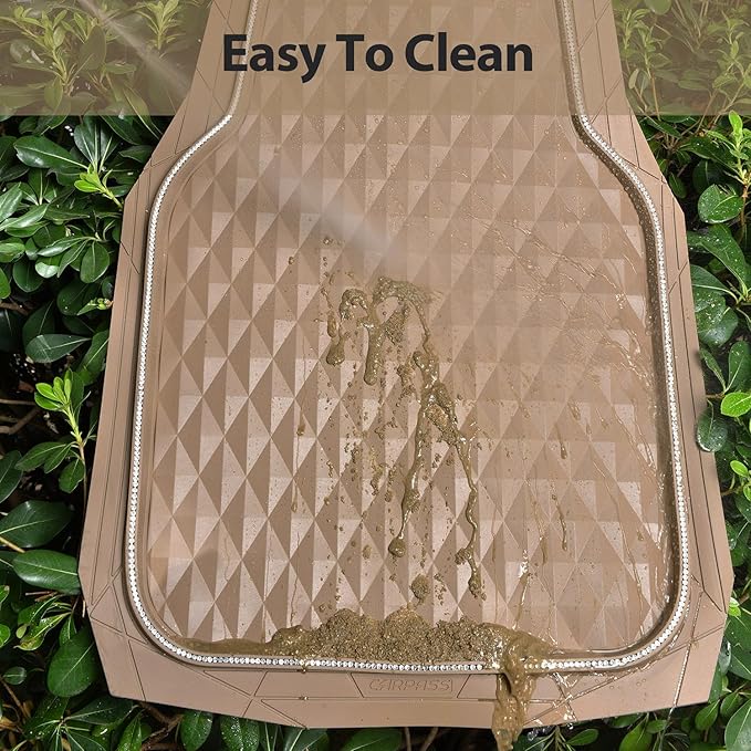 CAR PASS Bling Diamond Rubber Car Mats, Heavy Duty Deep Dish All-Weather Floor Mat Full Set Anti-Slip 3D Rhombus Waterproof Trim Fit Liner Universal Glitter Sparkly Shining Rhinestone, Beige Rubber