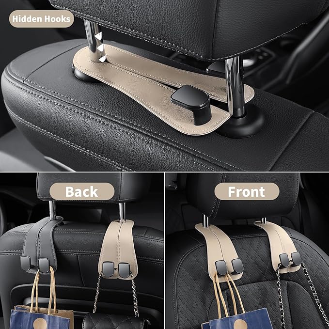 2 Pack KAFANLIN Car Headrest Hooks for Purses and Bags Cute Leather Car Seat Back Head Rest Double Hooks for Bags Cute Pink Beige Car Accessories Headrest Back Seat Handbags Hook (Black 2 Pack)