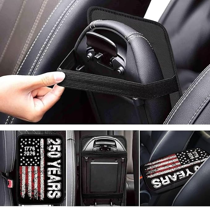 Dreaweet 250 Years American Flag Car Center Console Cover Patriotic Car Accessories Arm Rest Cover Middle Console Cushion Pad Anti-Scratch Universal Armrest Storage Box Mat