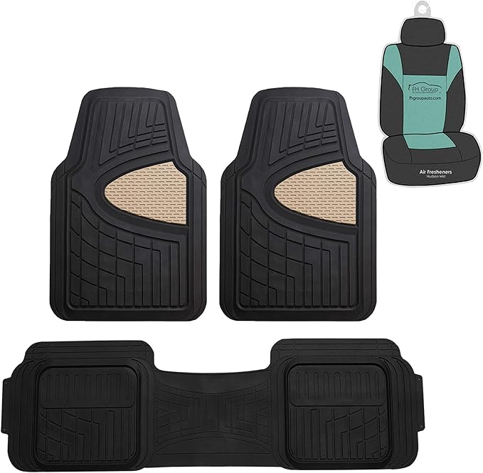 FH Group Automotive Floor Mats Tall Channel Beige Universal Fit Full Set Climaproof™ for Most Sedan, SUV and Trucks, Trimmable Rubber Combo Small Car Seat Cover Design Heavy-Duty Floor Mats for Car