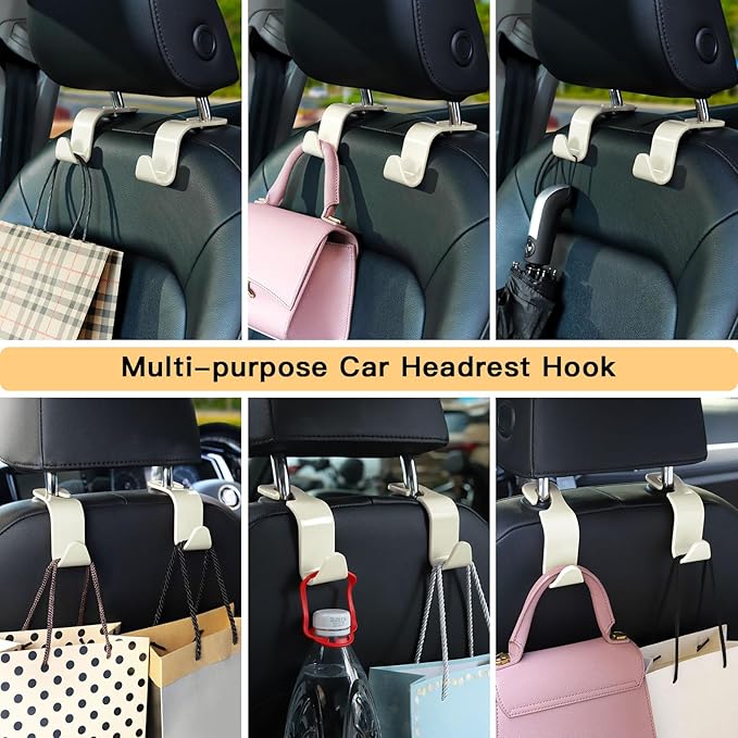 Soleebee 4 Pack Car Headrest Hook Universal Car Seat Hook Auto Hook Car Back Seat Hangers Storage Organizer (White)