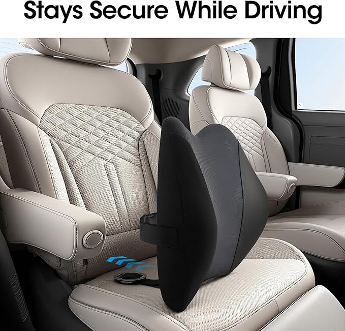 Lumbar Support Pillow for Car Seat – High-Density Memory Foam, Provides Comfort for Long Drivers, Relieves Lower Back Discomfort, Adjustable Strap Stays Put, Fits Most Cars, SUVs & Trucks (Black)