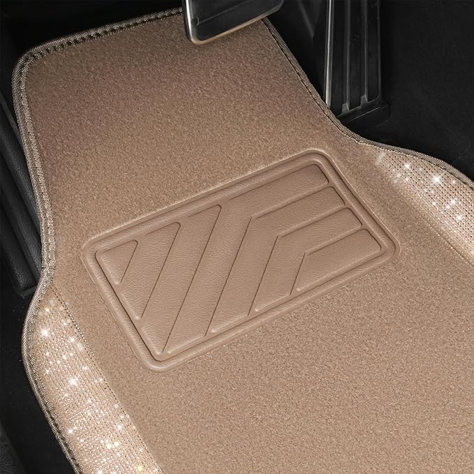 CAR PASS Bling Car Mats Shining Diamond Carpet Crystal Rhinestones Sparkly Glitter Floor Mats with Anti-Slip PVC Heel Pad Universal Fit for Automotive SUV, Sedan, Car, Van, 4pcs for Girl Women, Beige
