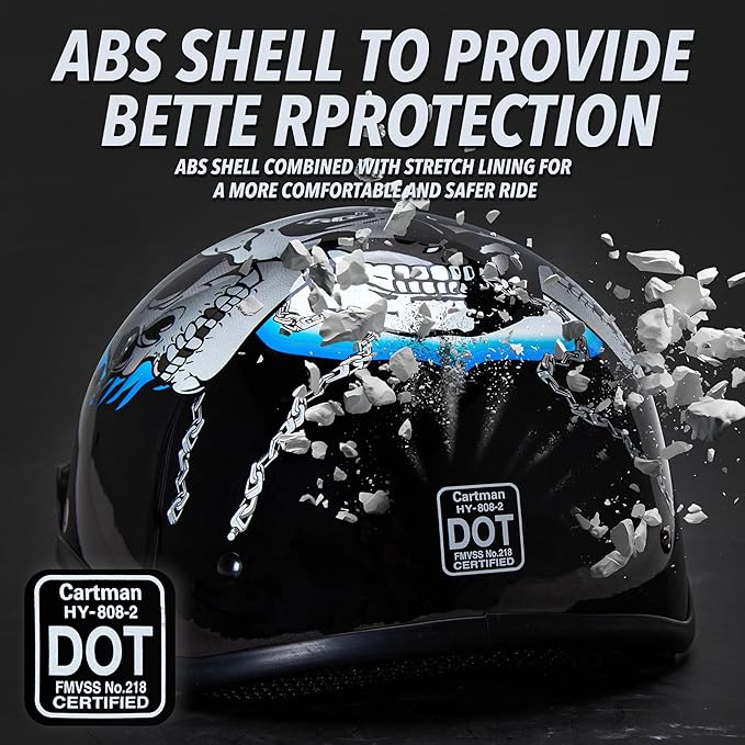 Cartman Cruiser Scooter Motorcycle Half Face Helmet, Blue Skull Graphics, DOT Approved for Bike Scooter ATV UTV Chopper, Small