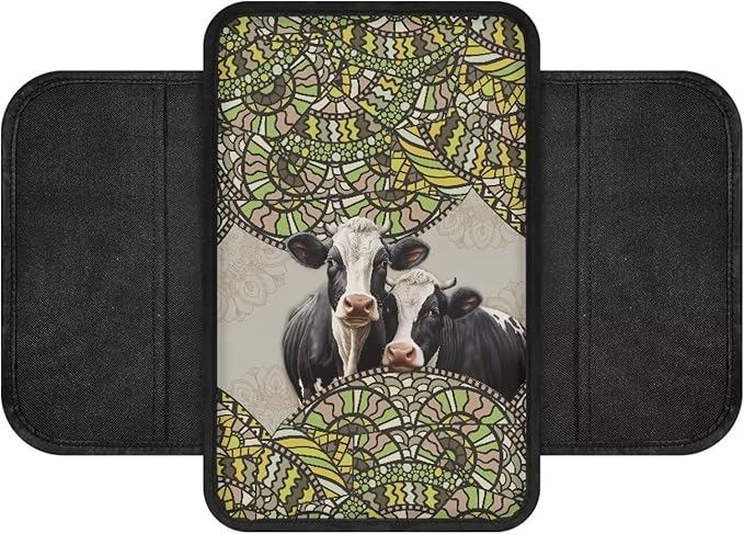 Boho Mandala Cow Print Car Center Console Cover Breathable Auto Armrest Storage Box Mat Wear-Resistan Vehicle Armrest Pad Car Accessories Interior Protection