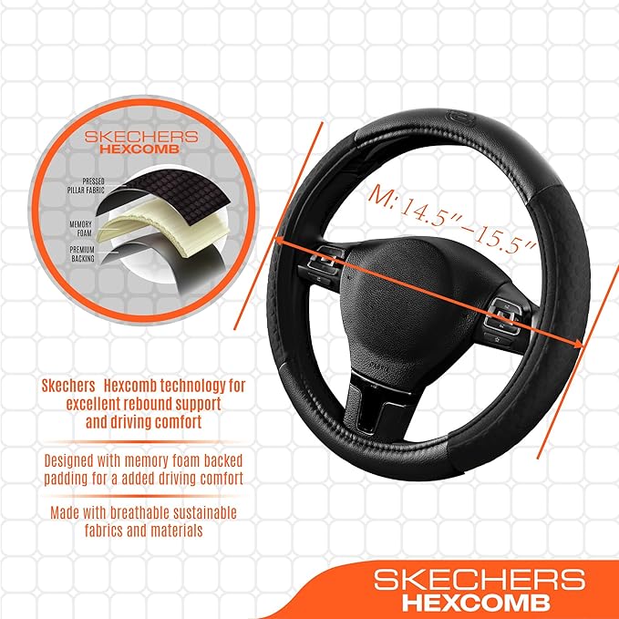 Skechers Steering Wheel Cover,Leather Steering Wheel Cover Hexcomb Design Embedded TPE Steering Wheel Universal Fit 14" 1/2-15" Car Wheel Protector for Men Women Fit Suvs,Vans,Sedans,Car,Trucks,Black