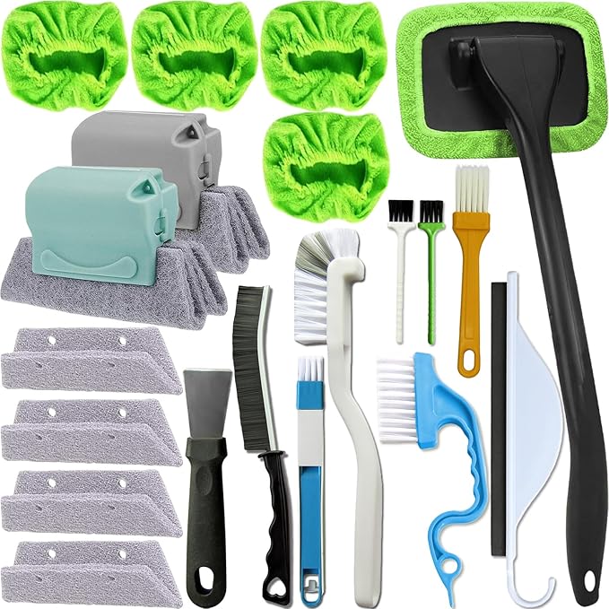 CRAFNEW 20Pcs Window Cleaning Kit, Household Cleaning Tools with Squeegee, Brushes, Microfiber Pads for Window Track, Sliding Door, Glass Door, Bathroom Mirror, Car Windshield