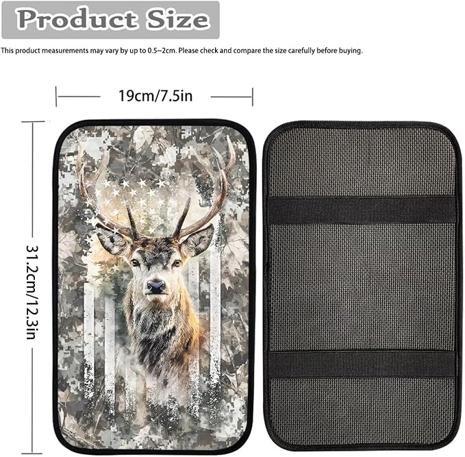 Deer Camo Hunting Print Armrest Cover Pad for Car American Flag Print Car Center Console Armrest Cushion Pad Universal Fit for Most Cars