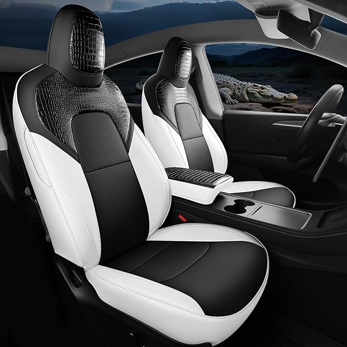 Red Rain Seat Cover Custom Fit for 2020-2024 Tesla Model Y Car Seat Cover Crocodile Leather Black and White Seat Cushion Covers (ModelY-Black+White-2020/2024)