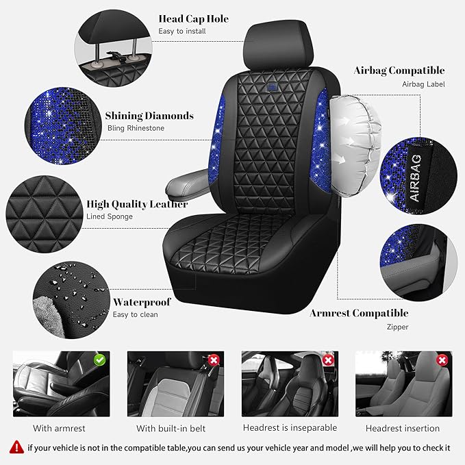 CAR PASS Bling Diamond Black Leather Car Seat Covers for 2 Front Interior Sets, Waterproof Shining Glitter Sparkly Crystal Universal Armrest Fit Automotive Truck SUV Cute Women Girl, Blue Rhinestone