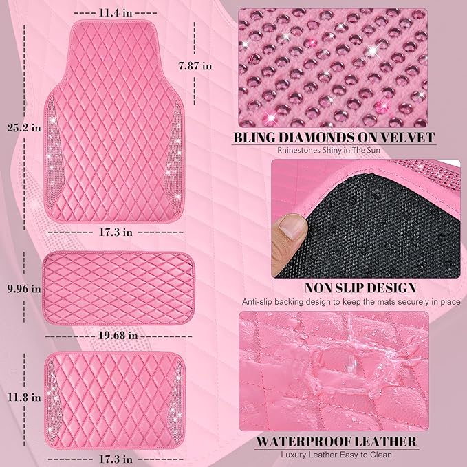 CAR PASS Bling Leather Car Mats Shining Diamond Floor Mats Crystal Rhinestones Sparkly Glitter Carpet Anti-Slip Waterproof Pad Universal Fit for Automotive SUV, Sedan, Van, 5pcs for Girl Women Pink