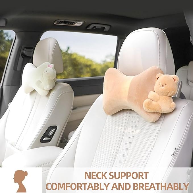Car Headrest Pillow 2PCS Plush Bear ＆ Bunny Car Seat Headrest Pillow - Memory Foam Neck Support Cushions for Comfortable Driving, Easy Install & Washable (Bear+Rabbit)