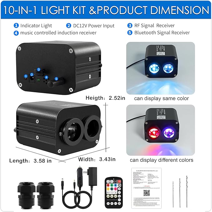 ATOKEE 20W Dual Color Dual Head Fiber Optic Light Box for Starlight Headliner, Twinkle Effect & Music Mode, Bluetooth App/RF Remote Control, Car Plug & Power Adapter, PG Connector & 3 Drill Bits