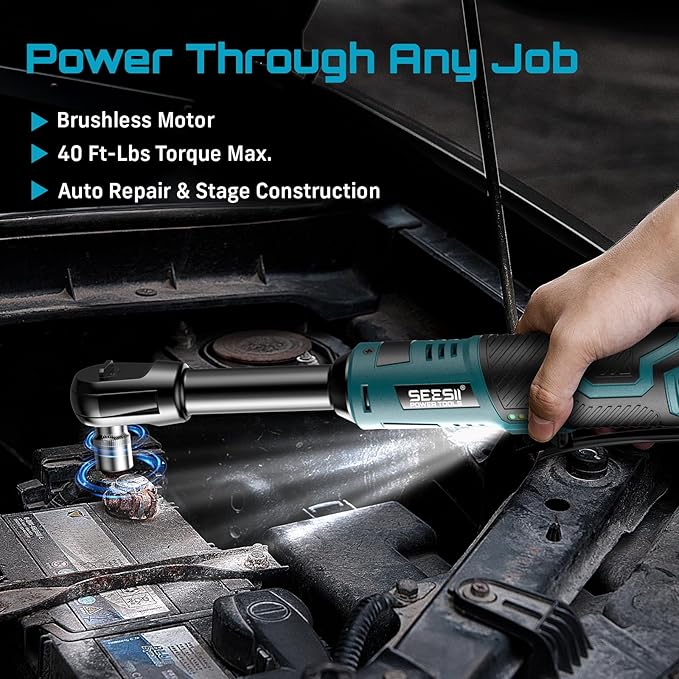 Seesii Extended Cordless Electric Ratchet Wrench 3/8", 40 Ft-lbs Torque, 6" Long Neck, 220RPM, 2 Pack 2.0Ah Battery, Fast Charger, 1/4 Drive Adapter, 7 Sockets, for Car Repair, DIY