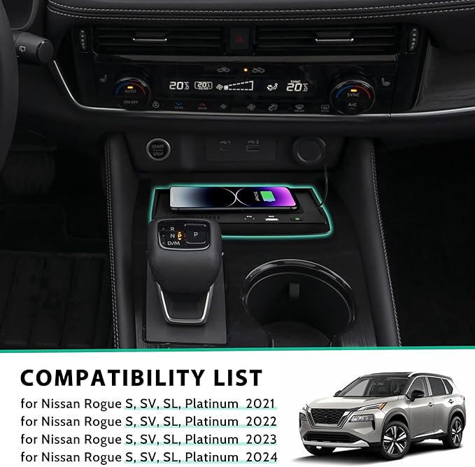 KEWISAUTO Wireless Charger for 2021-2024 Nissan Rogue S, SV, SL, Center Console Charging Panel Fast Phone Charger Pad for Nissan Rogue T33 S, SV, SL, Platinum 2021 2022 2023 2024 Accessories