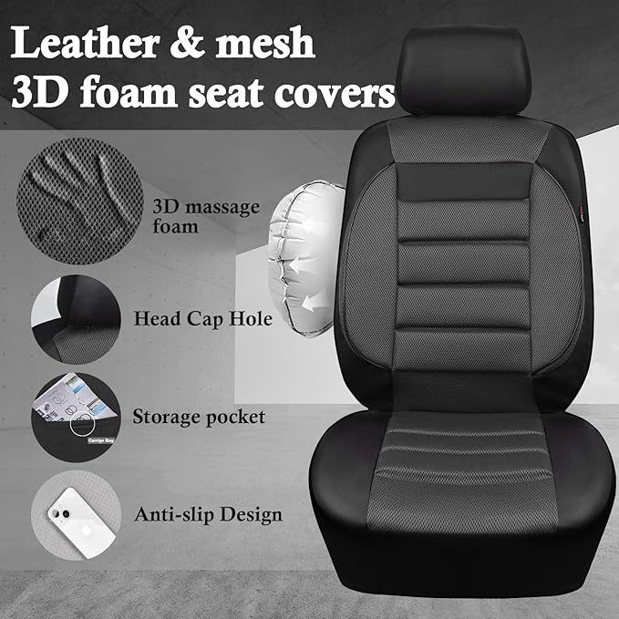 CAR PASS 3D Foam Leather Car Seat Covers Two Front Seats only, Air Mesh Thick Seat Covers, All Weather Car Seat Cover Comfort & Protection for Truck,SUV,Sedan,Van, Airbag Compatible (Charcoal Gray)