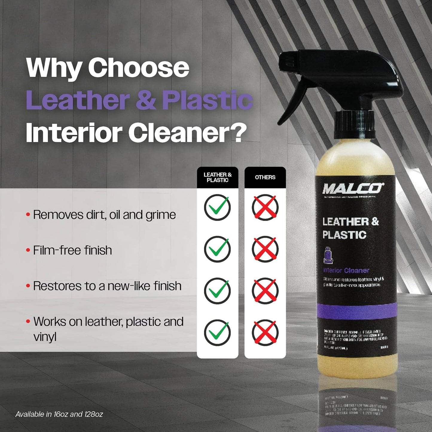 Malco Leather & Plastic Cleaner – Penetrates Deep to Remove Dirt, Grime and Oily Soils/Restores Leather, Plastic and Vinyl/Leaves Surfaces Clean, Shiny and Film-Free / 1 Gallon (100101)