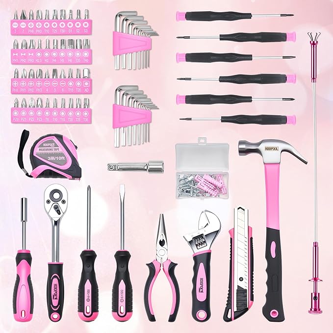 KOOPOOL 159 Piece Pink Tool Set, Tool Kit for Women, General Household pink tool kit for Home Auto Repair, Basic Mechanic Tool Box, with Storage Case