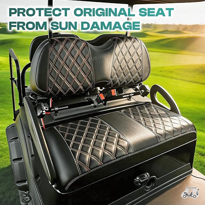 DRIVE UP Golf Cart Diamond Seat Covers, Black Diamond Club Car Precedent Seat Covers, Brown Stitching Golf Seat and Backrest Leather Covers for Club Car Front Seats, Wipe Clean, Waterproof