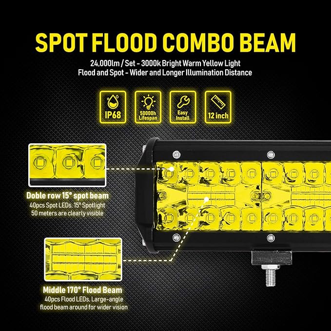 12 Inch Yellow Fog Lights 240W 24000LM Yellow LED Light Bar Offroad Spot Flood Combo Triple Row Driving Work Lamps Compatible with Jeep SUV ATV UTV Pickup Boat Marine