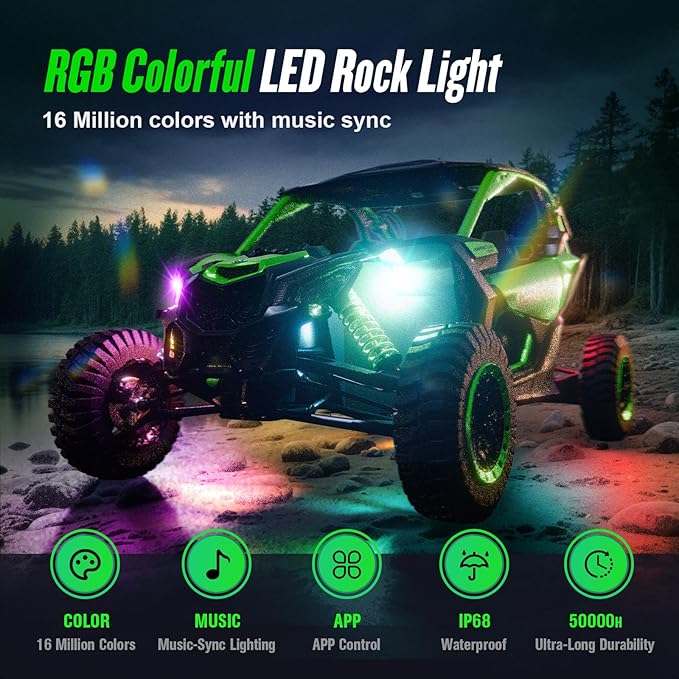 4 Pods RGB LED Rock Lights Kit, Underglow Multicolor Neon Light Pod with Bluetooth App Control, IP68 Waterproof High Brightness Dynamic Music Mode Wheel Well Light for Truck ATV UTV RZR SUV Golf Cart
