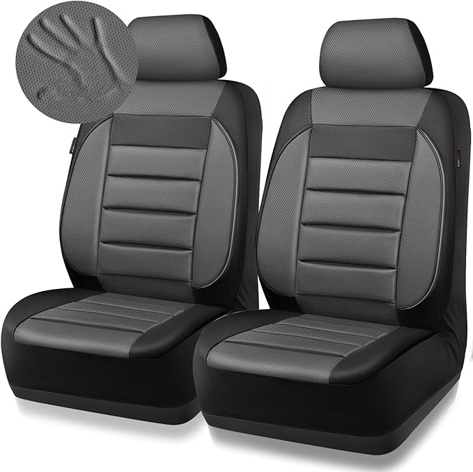 CAR PASS Leather Car Seat Covers Front Seats Only, Universal Fit Automotive Interior Waterproof 3D Foam Back Support Car Seat Covers for Trucks Vans and SUVs Airbag compatible 2 Pieces black gray grey