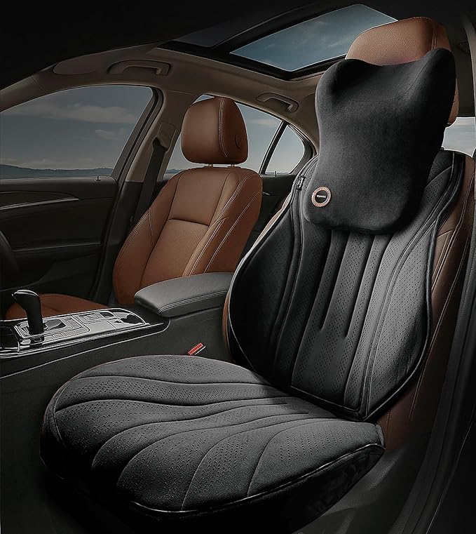 Car Seat Cushion with Back & Neck Support, Breathable Perforated Suede Seat Cushion for Drivers, Non-Slip Ergonomic Design for Long Drives, Daily Commute & Travel