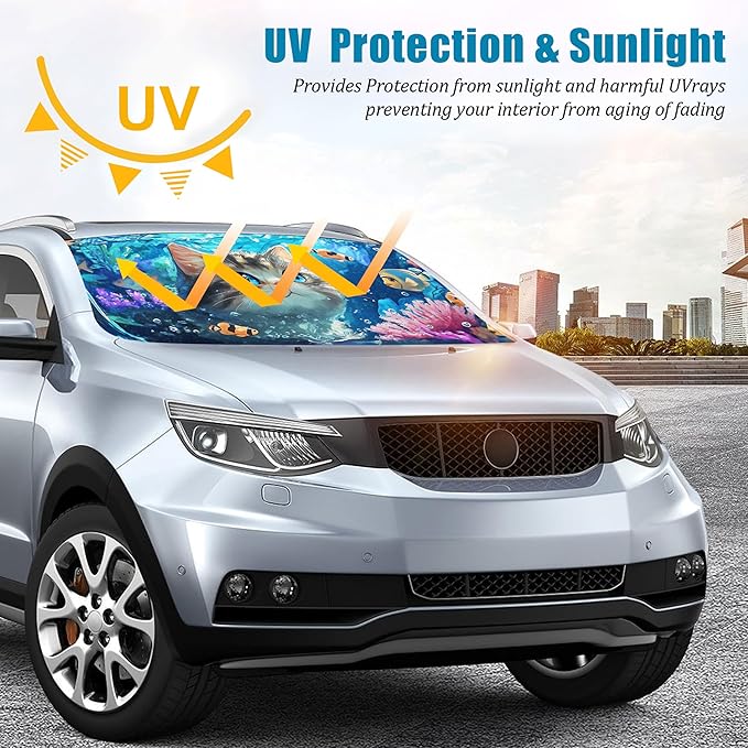 Cat and Fish Car Windshield Sun Shade Foldable Sunshade Front Window Cover Sun Visor Protector Accessories (59x27.5 inches)