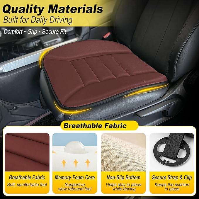 kingphenix 3-Piece Car Seat Cushion Set, 1.2inch Memory Foam Comfort, 2 Front Automotive Seat Cushions + Rear Bench Cushion, Non-Slip Bottom, Fits Sedan SUV Truck Van, Car & Office Chair, Brown