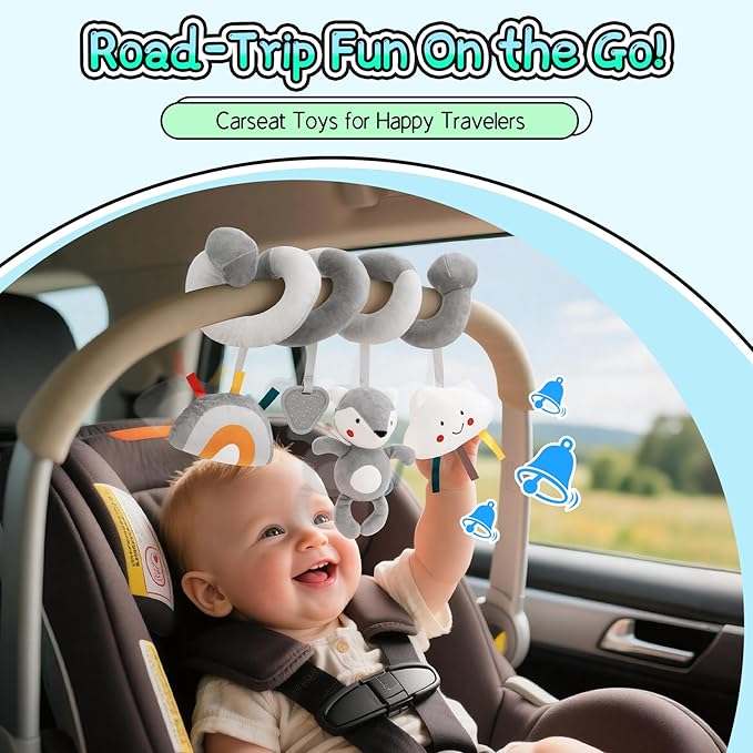 FPVERA Car Seat Toys for Babies 0-6 Months: Travel Baby Toy for Soft Hanging Toys for Carseat, Spiral Stroller Activity Toy Plush for Infant Boys Girls, Grey Fox