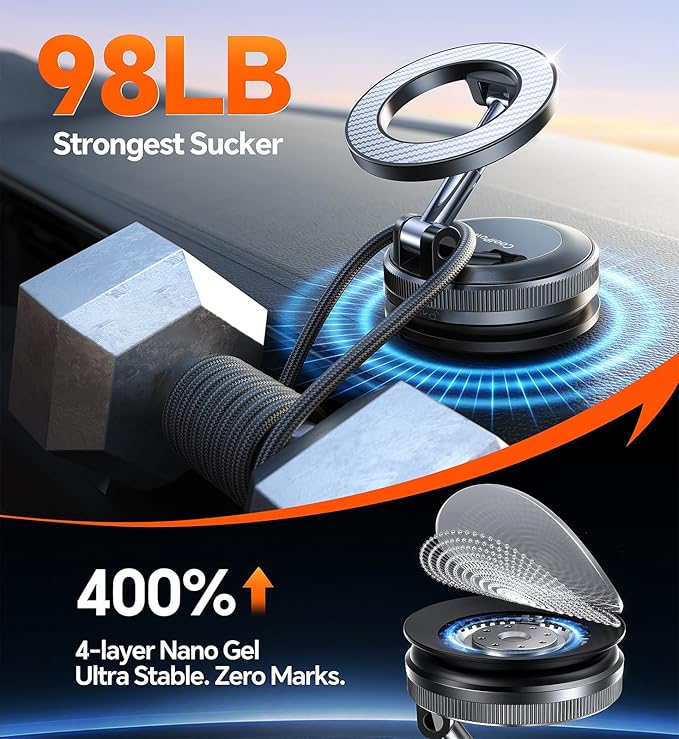 Coolpow【Newest Vacuum Magnetic Phone Holder for Car Phone Holder Mount【Movable Vacuum Suction】 Magsafe Car Mount Cell Phone Holders for Your Car Accessories for Women Men for iPhone 17 16 15 14 Kits