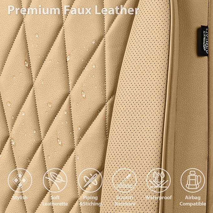 CAR PASS Piping Luxury PU Leather Two Front Car Seat Covers, Waterproof Anti Slip Seat Covers Compatible with Front Seat Armrests,Universal Fit for Suvs,Vans,Trucks,Airbag Compatible(All Beige)